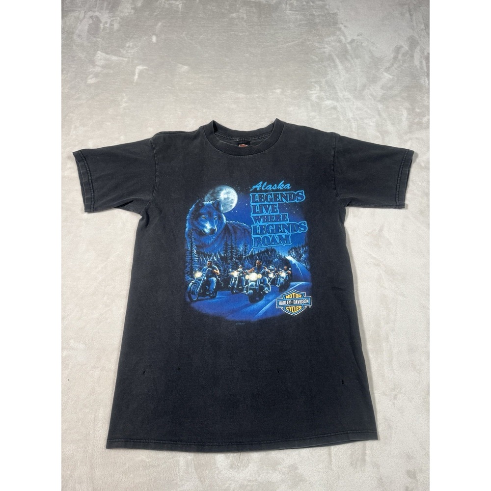 Vintage 90s Harley Davidson T Shirt Size Medium Black Alaska Wolf MADE IN USA